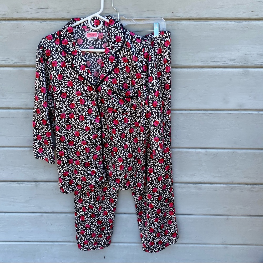 Kate Spade Silky Black Floral Pajama Set with Pink Accents